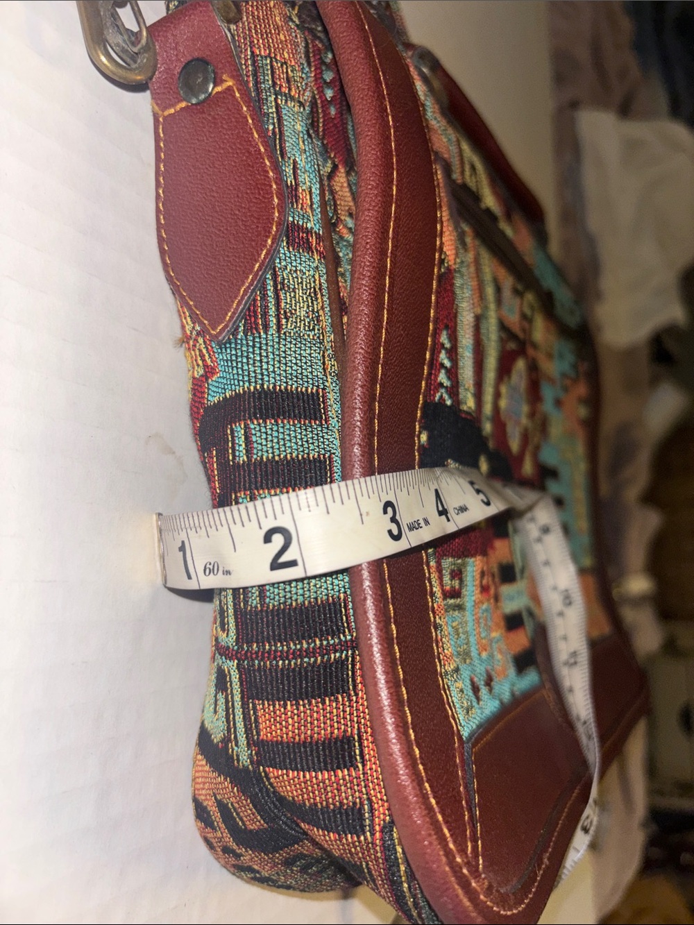 VINTAGE SOUTHWESTERN TAPESTRY CARPET BAG BURGUNDY LEATHER TRIM GEOMETRIC DESIGN - Picture 14 of 14